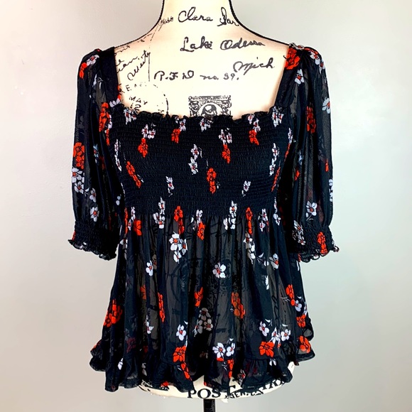 Free People Delta Dawn Floral Print Smocked Mesh Top - Picture 10 of 11